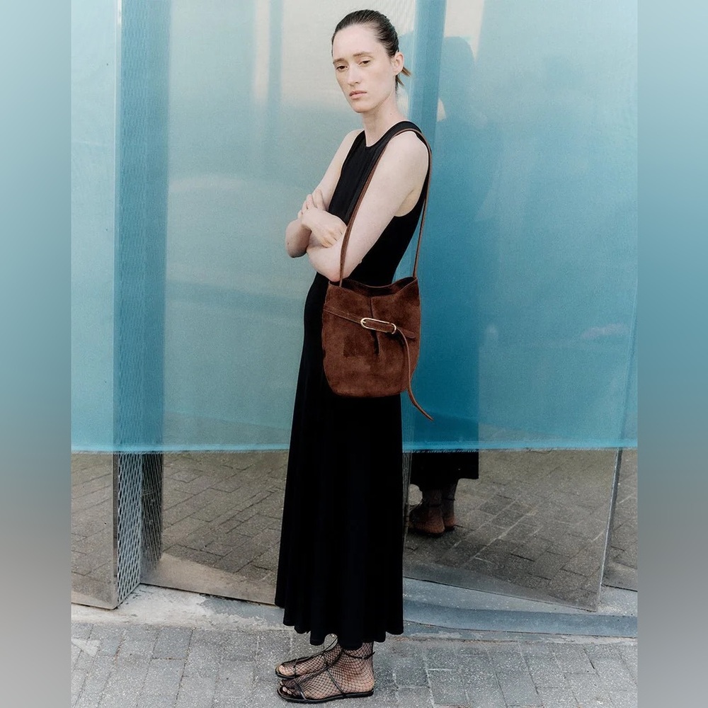 Little Liffner Belted Bucket Bag Dark Brown Suede Gold